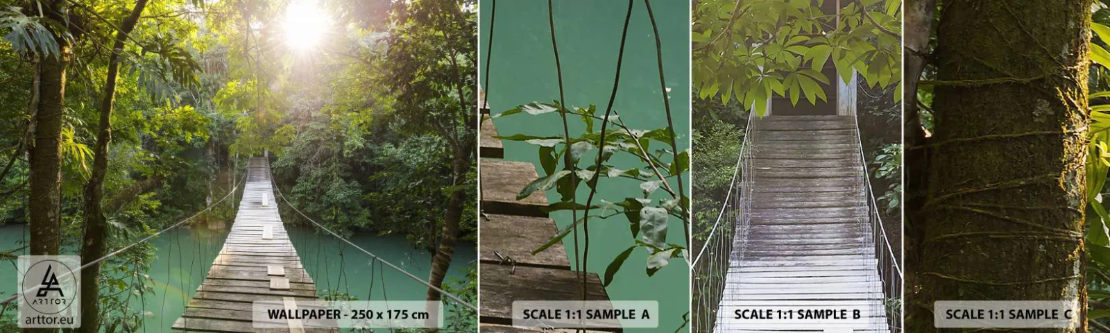 Fotobehang Monster Zelfklevend Deluxe Sticker - Over het azuurblauwe water naar het azuurblauwe woud - Landschap, Oerwoud, Houten brug - 100x30 cm