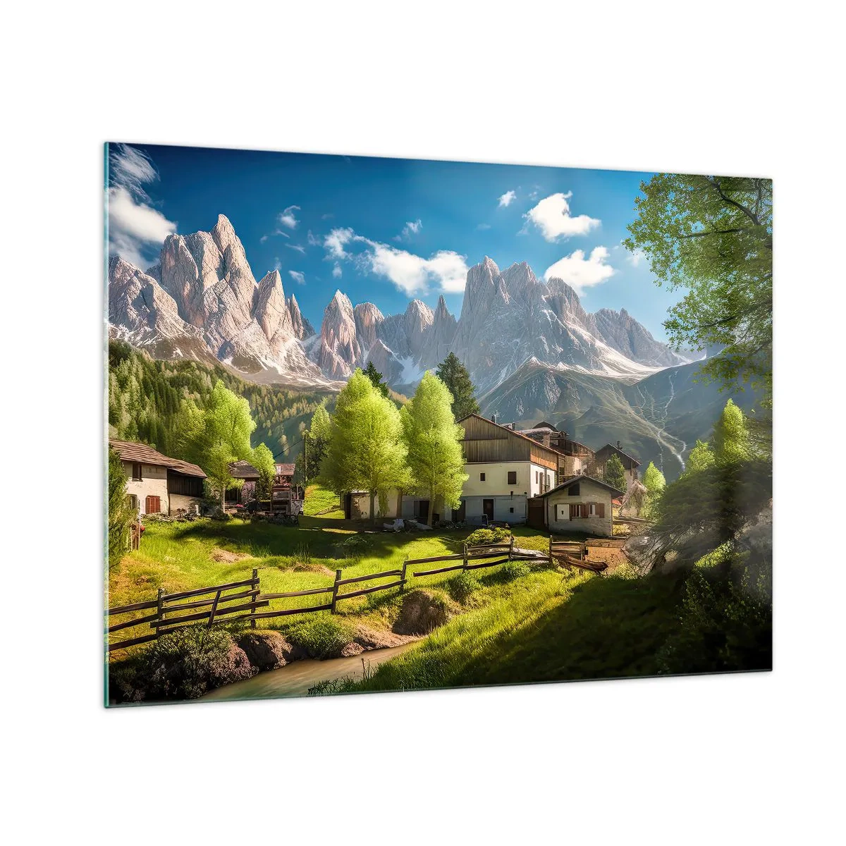 Schilderen op glas - Plattelandsontwikkeling te midden van groen aan de voet van de Alpentoppen - 70x50cm - Alpine idylle - Moderne wanddecoratie voor woonkamer en slaapkamer ARTTOR