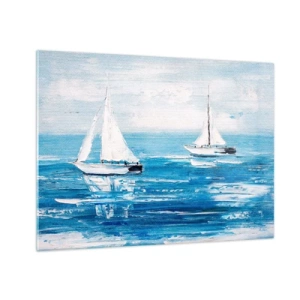 Schilderen op glas - Twee witte zeilboten op een kalme blauwe zee - 70x50cm - Met een vriend aan mijn zijde - Moderne wanddecoratie voor woonkamer en slaapkamer ARTTOR
