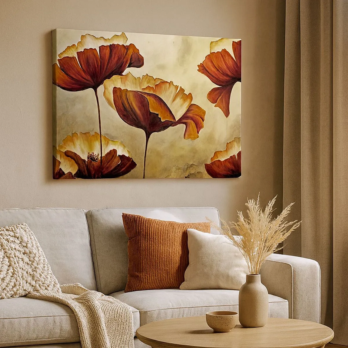 Schilderen op canvas - Subtiele bloemen in tinten rood en goud op een lichte achtergrond - 70x50cm - Golvend weiland - Moderne wanddecoratie voor woonkamer en slaapkamer ARTTOR