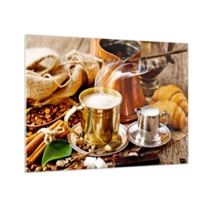 Schilderen op glas - Een gouden mok koffie met melk, omringd door granen en croissants - 70x50cm - Prettige dag! - Moderne wanddecoratie voor woonkamer en slaapkamer ARTTOR