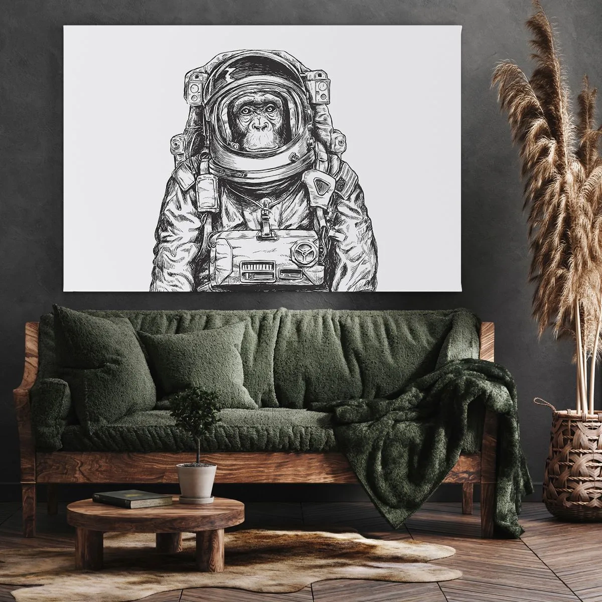 Schilderen op canvas - Afbeelding van een astronaut in een ruimtepak met een apenkop - 70x50cm - Alternatieve evolutie - Moderne wanddecoratie voor woonkamer en slaapkamer ARTTOR