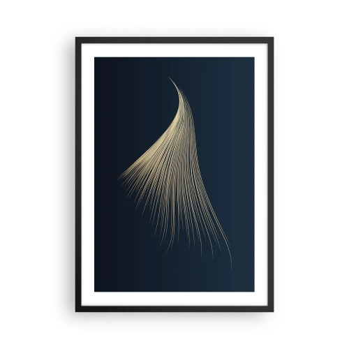 Poster in een zwarte lijst - Een gouden abstracte vorm die lijkt op een haarstreng op een marineblauwe achtergrond. - 50x70cm - Als het haar van een engel - Moderne wanddecoratie voor woonkamer en slaapkamer ARTTOR