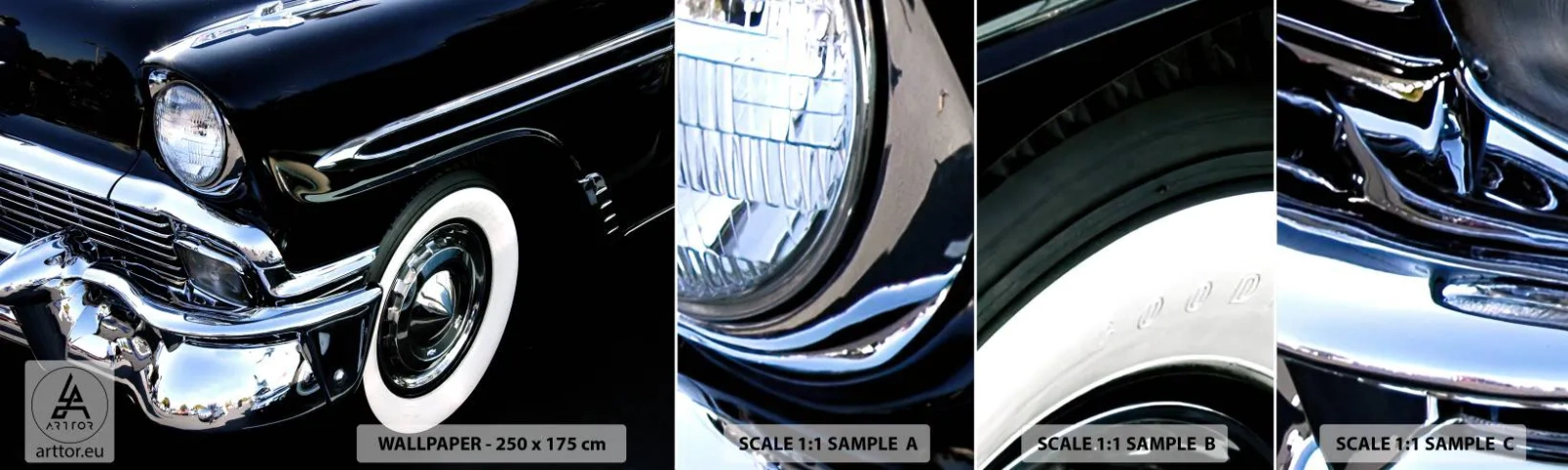 Fotobehang Staaltje Standard Eco - Klassiek in zilver, zwart en wit - Automobiel, Auto, wit en zwart - 100x30 cm