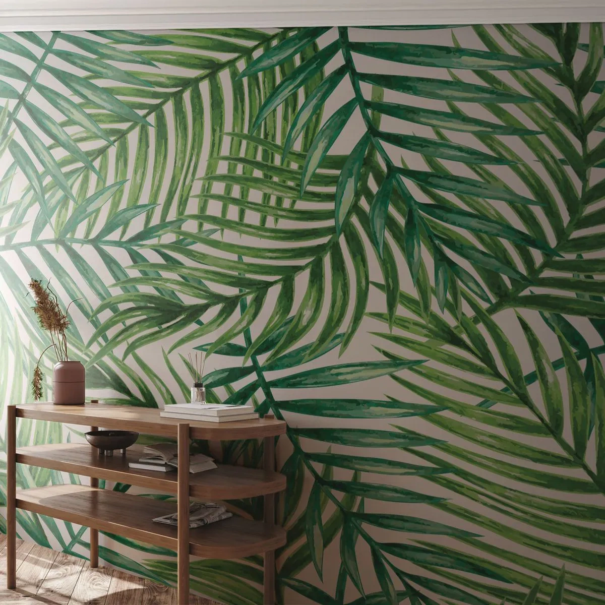 Fotobehang Premium Canvas - Onder de groene luifel - Abstractie, Palmblad, Kokospalm - 100x70 cm