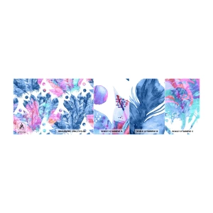 Fotobehang Monster Zelfklevend Deluxe Sticker - Pluimen in roze en blauw - Vogelveer, Kleurrijke illustratie, Grafisch - 100x30 cm