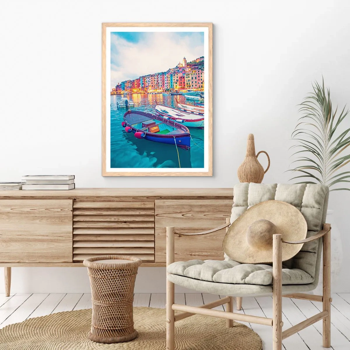 Een poster in een licht eiken lijst - Kleurrijke avond in de haven - 40x50 cm