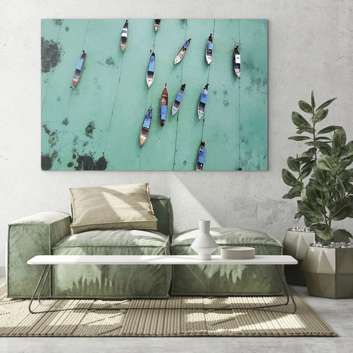 Schilderen op glas - Boten op turquoise water van bovenaf gezien - 70x50cm - In blijde verwachting - Moderne wanddecoratie voor woonkamer en slaapkamer ARTTOR