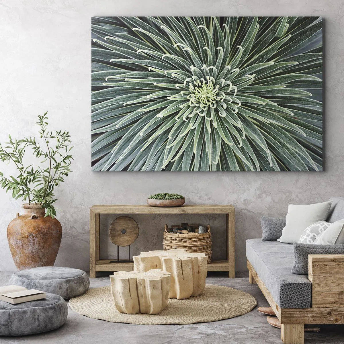 Schilderen op canvas - Symmetrische rangschikking van groene bladeren die op een ster lijken - 70x50cm - Een ster is geboren - Moderne wanddecoratie voor woonkamer en slaapkamer ARTTOR