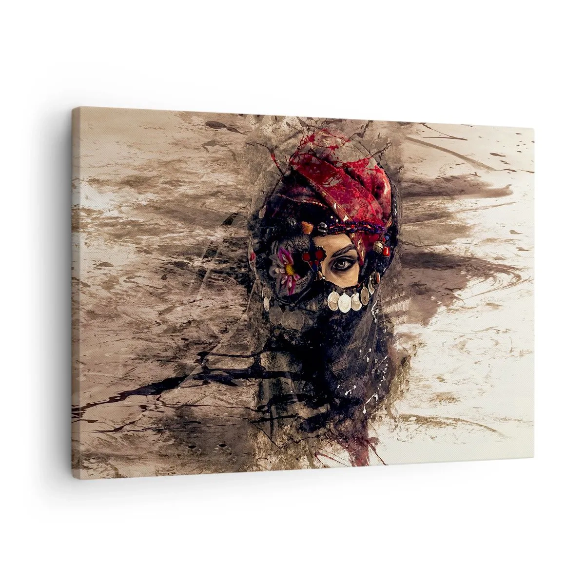 Schilderen op canvas - Artistiek portret van een vrouw in oosterse kledij tegen een abstracte achtergrond. - 70x50cm - Op zijn zachtst gezegd verontrustend - Moderne wanddecoratie voor woonkamer en slaapkamer ARTTOR