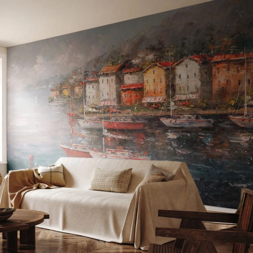 Fotobehang Premium Sand - Romantisch toevluchtsoord - Architectuur, Havenstad, Zeilboot - 100x70 cm