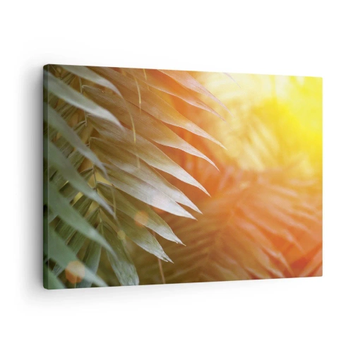 Schilderen op canvas - Palmbladeren in de stralen van de zonsondergang - 70x50cm - Ochtend in de jungle - Moderne wanddecoratie voor woonkamer en slaapkamer ARTTOR