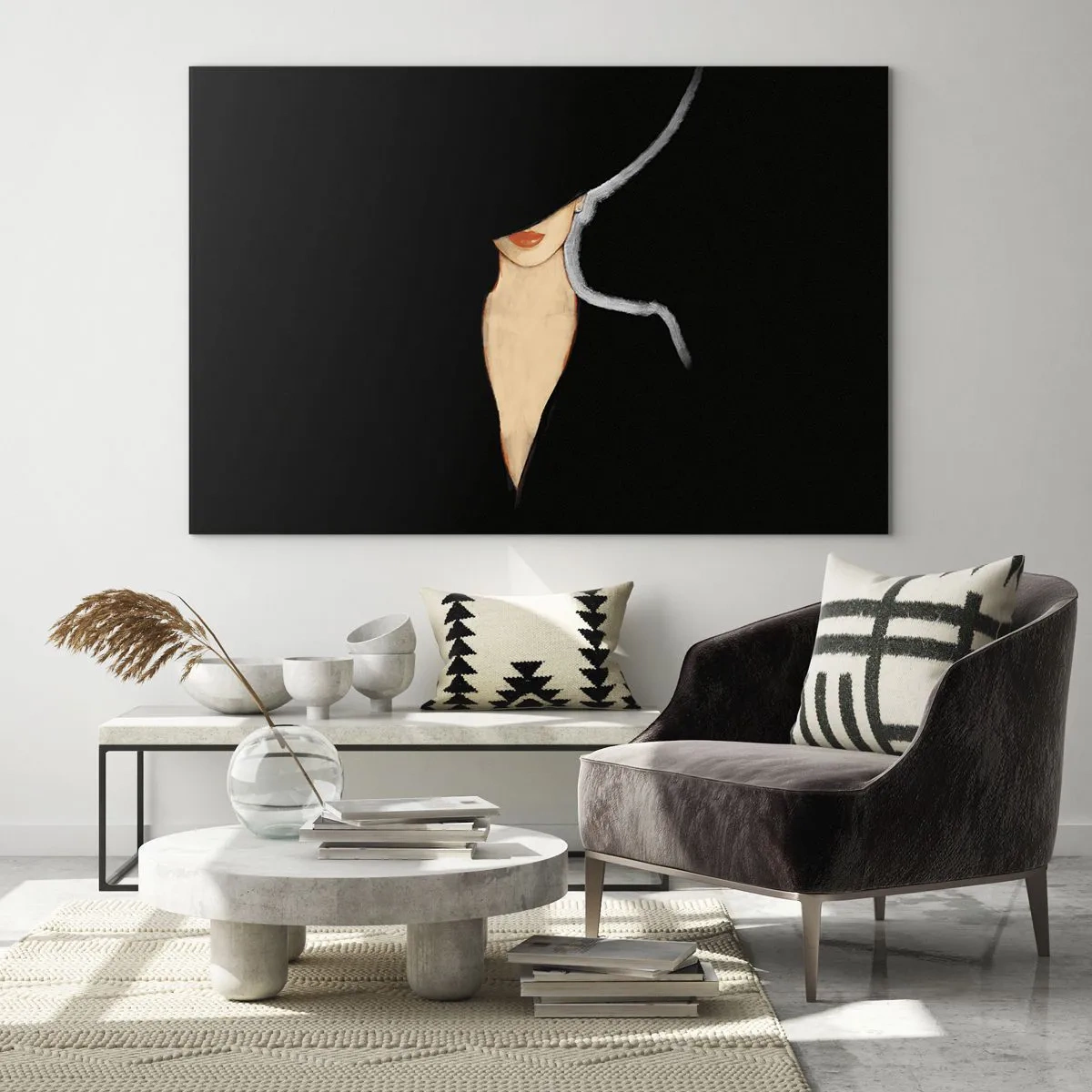 Schilderen op glas - Een subtiel portret van een vrouw tegen een zwarte achtergrond - 70x50cm - Elegantie en stijl - Moderne wanddecoratie voor woonkamer en slaapkamer ARTTOR