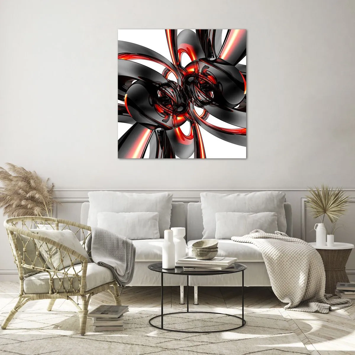 Schilderen op glas - Beweging in grafiet en rood - 30x30 cm