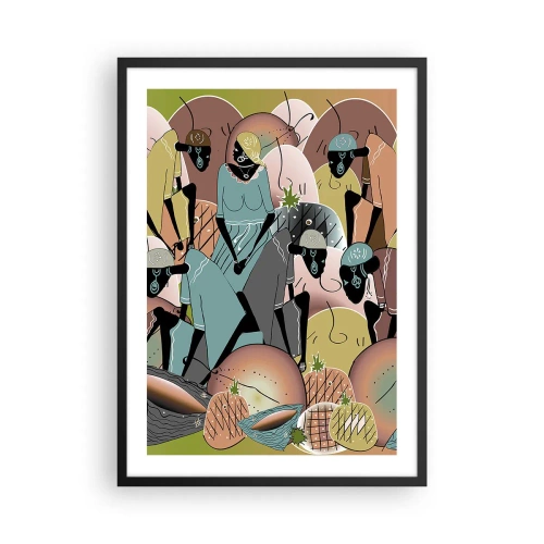 Poster in een zwarte lijst - Een gestileerde compositie van Afrikaanse figuren met pastelkleurig fruit. - 50x70cm - Er komt een geweldige vakantie aan - Moderne wanddecoratie voor woonkamer en slaapkamer ARTTOR