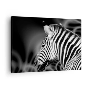 Schilderen op canvas - Zwart-witportret van een zebra tegen een achtergrond van abstracte patronen. - 70x50cm - Wit is wit en zwart is zwart - Moderne wanddecoratie voor woonkamer en slaapkamer ARTTOR