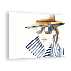 Schilderen op glas - Stijlvolle vrouw met hoed en bril in aquarelstijl - 70x50cm - Florida heet u welkom! - Moderne wanddecoratie voor woonkamer en slaapkamer ARTTOR