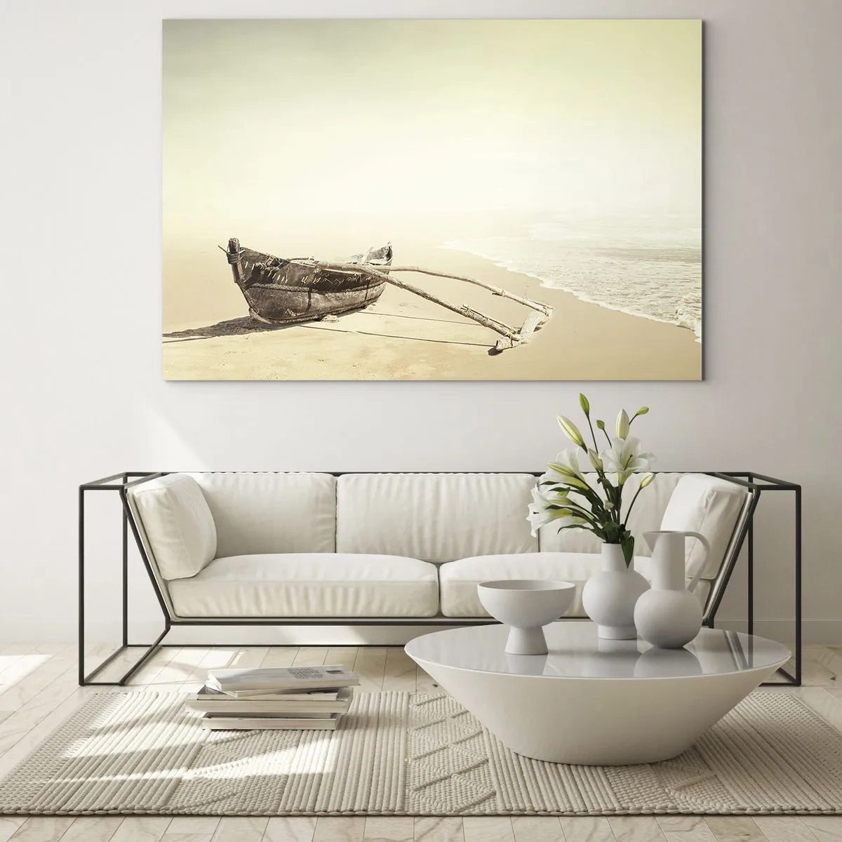Schilderen op glas - Een oude vissersboot op het zand aan de kust - 70x50cm - Geheugen van de Stille Zuidzee - Moderne wanddecoratie voor woonkamer en slaapkamer ARTTOR