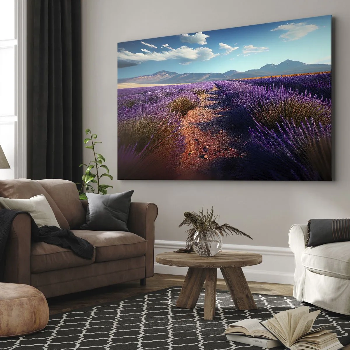 Schilderen op canvas - Een lavendelveld met uitzicht op de bergen en de blauwe lucht - 70x50cm - Geurige velden - Moderne wanddecoratie voor woonkamer en slaapkamer ARTTOR