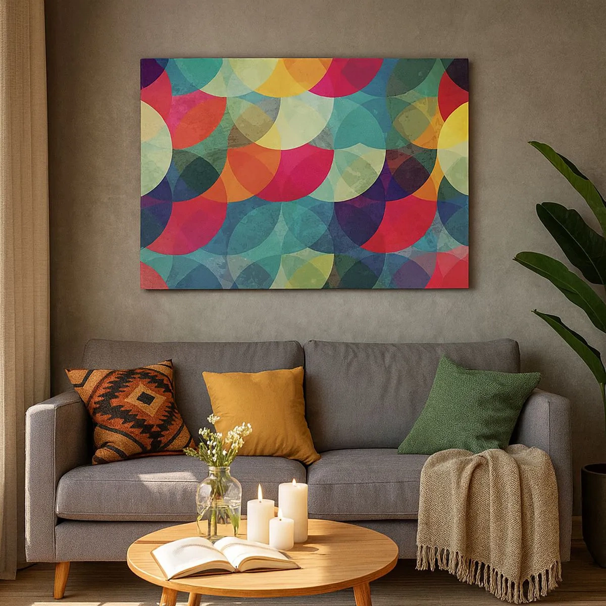 Schilderen op canvas - Kleurrijke geometrische patronen bestaande uit cirkels en halve cirkels - 70x50cm - Beklimming naar de regenboog - Moderne wanddecoratie voor woonkamer en slaapkamer ARTTOR