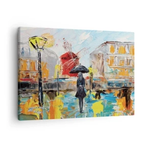 Schilderen op canvas - Een schilderachtig tafereel met een paraplu tegen de achtergrond van Parijs in levendige kleuren. - 70x50cm - Parijse legendes - Moderne wanddecoratie voor woonkamer en slaapkamer ARTTOR