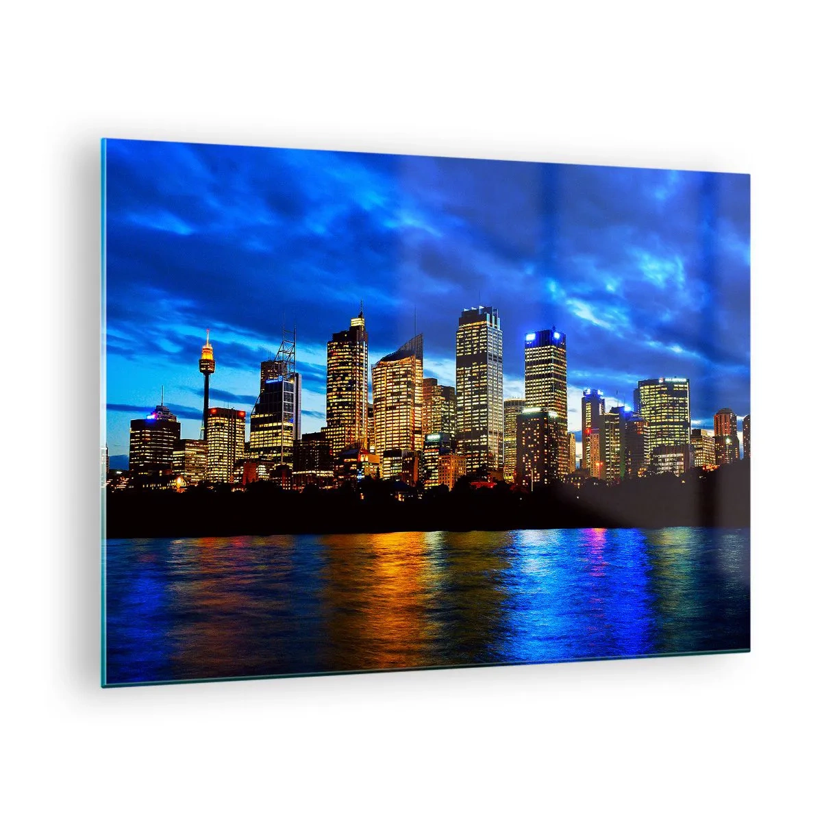 Schilderen op glas - Panorama van de nachtelijke stad weerspiegeld in het water - 70x50cm - Een nacht van licht en kleuren - Moderne wanddecoratie voor woonkamer en slaapkamer ARTTOR