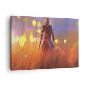 Schilderen op canvas - De figuur van een ridder in het licht van de ondergaande zon in een veld - 70x50cm - Dolende ridder - Moderne wanddecoratie voor woonkamer en slaapkamer ARTTOR