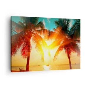 Schilderen op canvas - Palmbomen verlicht door het warme licht van de ondergaande zon - 70x50cm - Exotisch koppel - Moderne wanddecoratie voor woonkamer en slaapkamer ARTTOR
