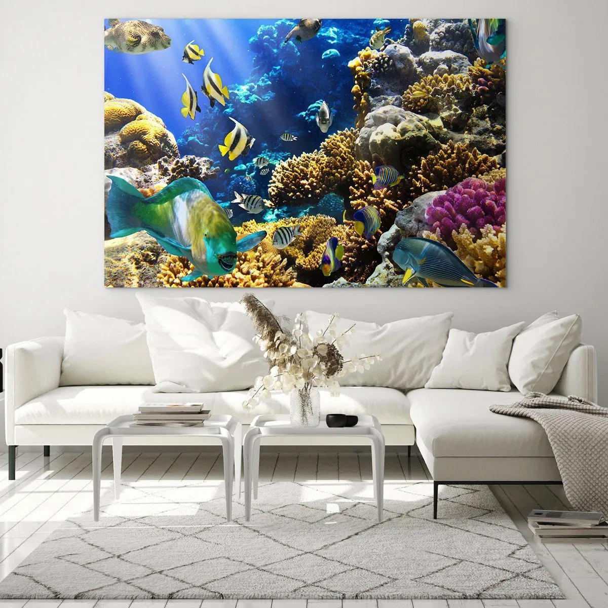 Schilderen op glas - Koraalrif met kleurrijke vissen en onderwaterlicht - 70x50cm - Veel verkeer op de vakantieroute - Moderne wanddecoratie voor woonkamer en slaapkamer ARTTOR