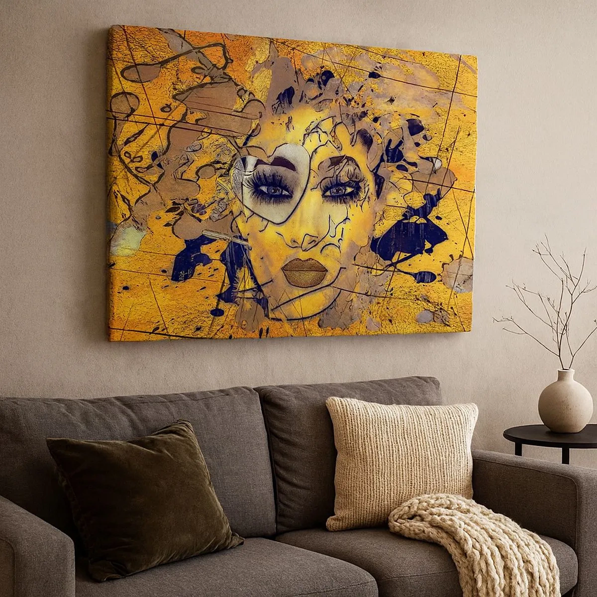 Schilderen op canvas - Abstract portret van een vrouw in goudgele tinten - 70x50cm - Zonnige schoonheid - Moderne wanddecoratie voor woonkamer en slaapkamer ARTTOR