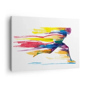 Schilderen op canvas - Een hardloper in abstracte kleuren die dynamiek en energie symboliseren - 70x50cm - Rennend over de regenboog - Moderne wanddecoratie voor woonkamer en slaapkamer ARTTOR