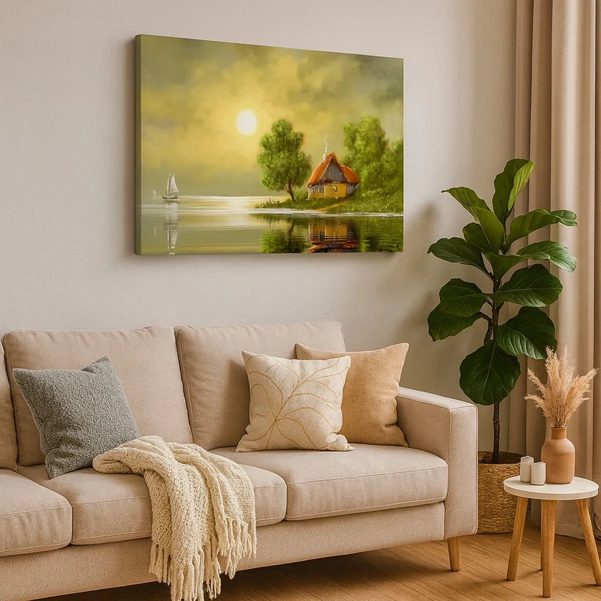 Schilderen op canvas - Huis aan het meer in het licht van de zonsondergang - 70x50cm - Mooi, als een foto - Moderne wanddecoratie voor woonkamer en slaapkamer ARTTOR