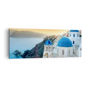 Schilderen op canvas - Santorini - genesteld tegen de rotsen - 140x50 cm