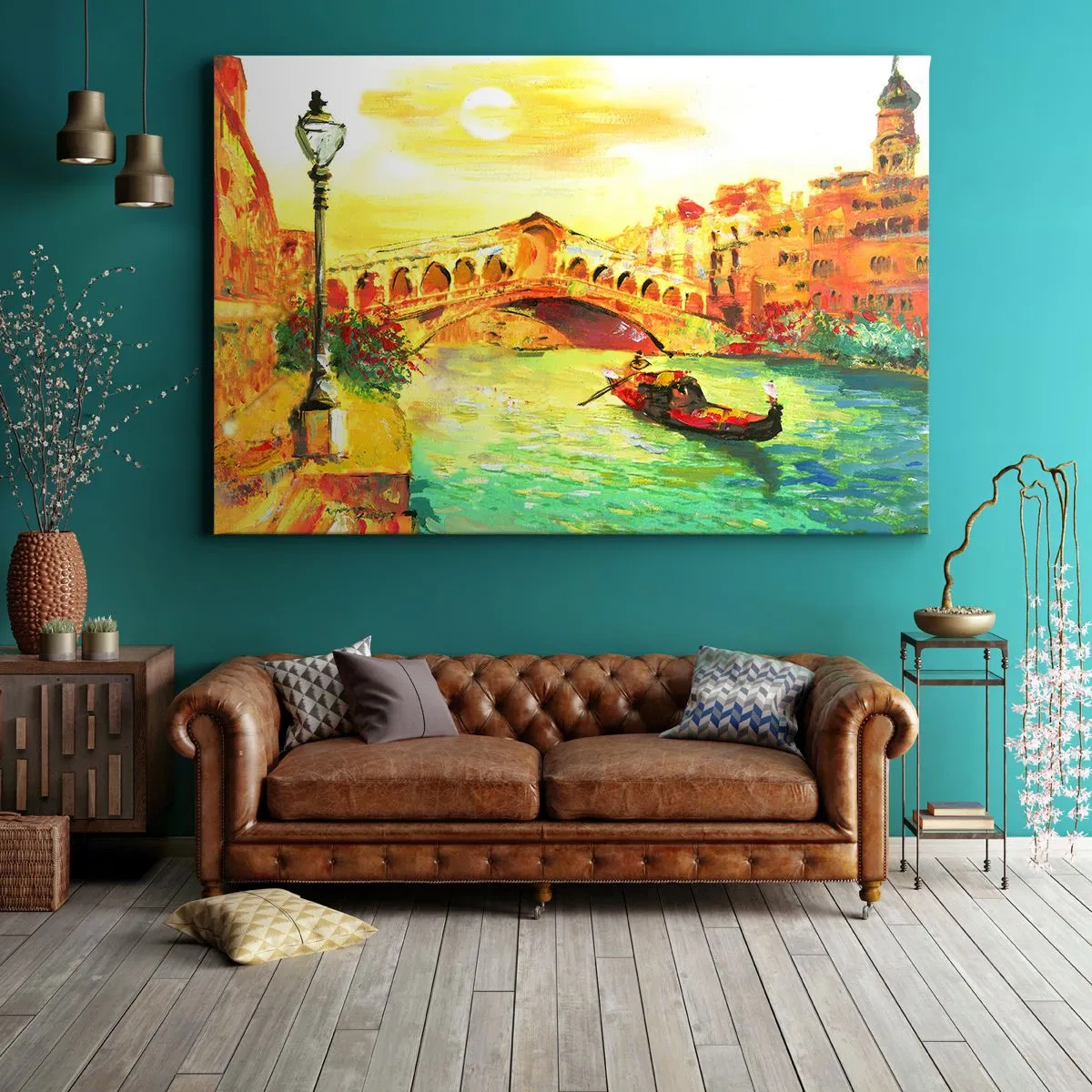 Schilderen op canvas - Een pittoreske brug over het kanaal met een gondel in het licht van de ondergaande zon - 70x50cm - Een pelgrimstocht van geliefden - Moderne wanddecoratie voor woonkamer en slaapkamer ARTTOR
