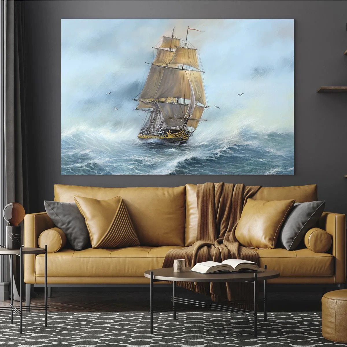 Schilderen op glas - Een zeilschip op een stormachtige zee in schilderachtige stijl - 70x50cm - Haasten over de golven - Moderne wanddecoratie voor woonkamer en slaapkamer ARTTOR