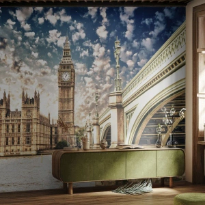 Fotobehang Premium Sand - Luchtige wolken boven de Theems - Stad, Londen, Engeland - 100x70 cm