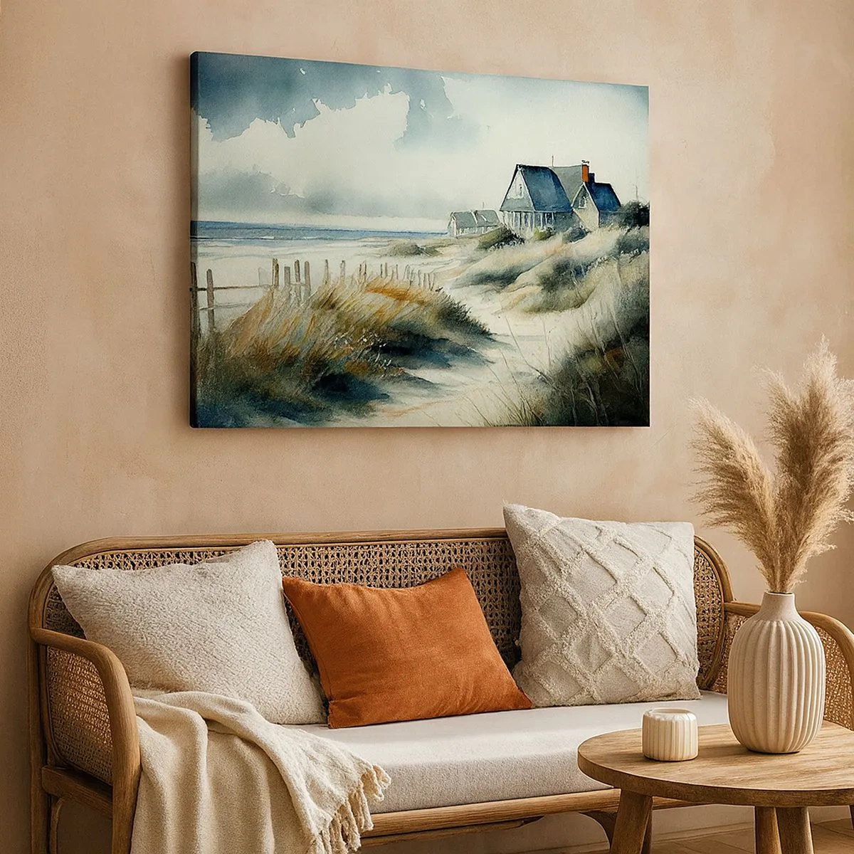 Schilderen op canvas - Een huis aan zee, omgeven door gras en met uitzicht op de zee - 70x50cm - Weg van de drukte - Moderne wanddecoratie voor woonkamer en slaapkamer ARTTOR