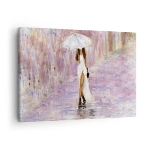 Schilderen op canvas - Een vrouw met een paraplu die in de regen loopt in lila tinten - 70x50cm - In de lila regen - Moderne wanddecoratie voor woonkamer en slaapkamer ARTTOR