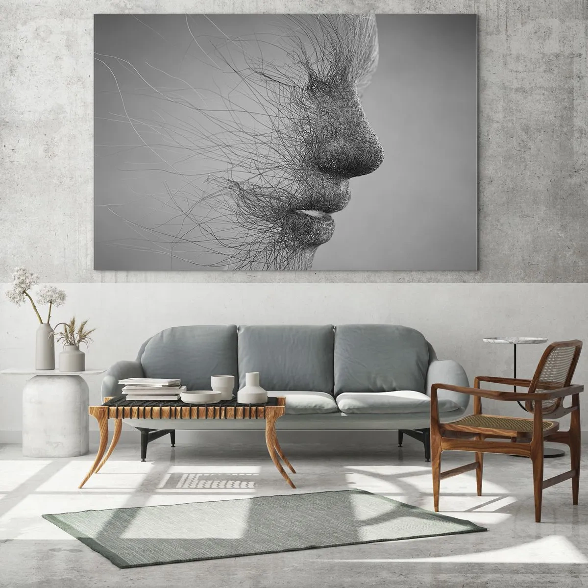 Schilderen op glas - Zwart-wit abstract gezichtsprofiel met lijnen - 70x50cm - De geest van de wind - Moderne wanddecoratie voor woonkamer en slaapkamer ARTTOR