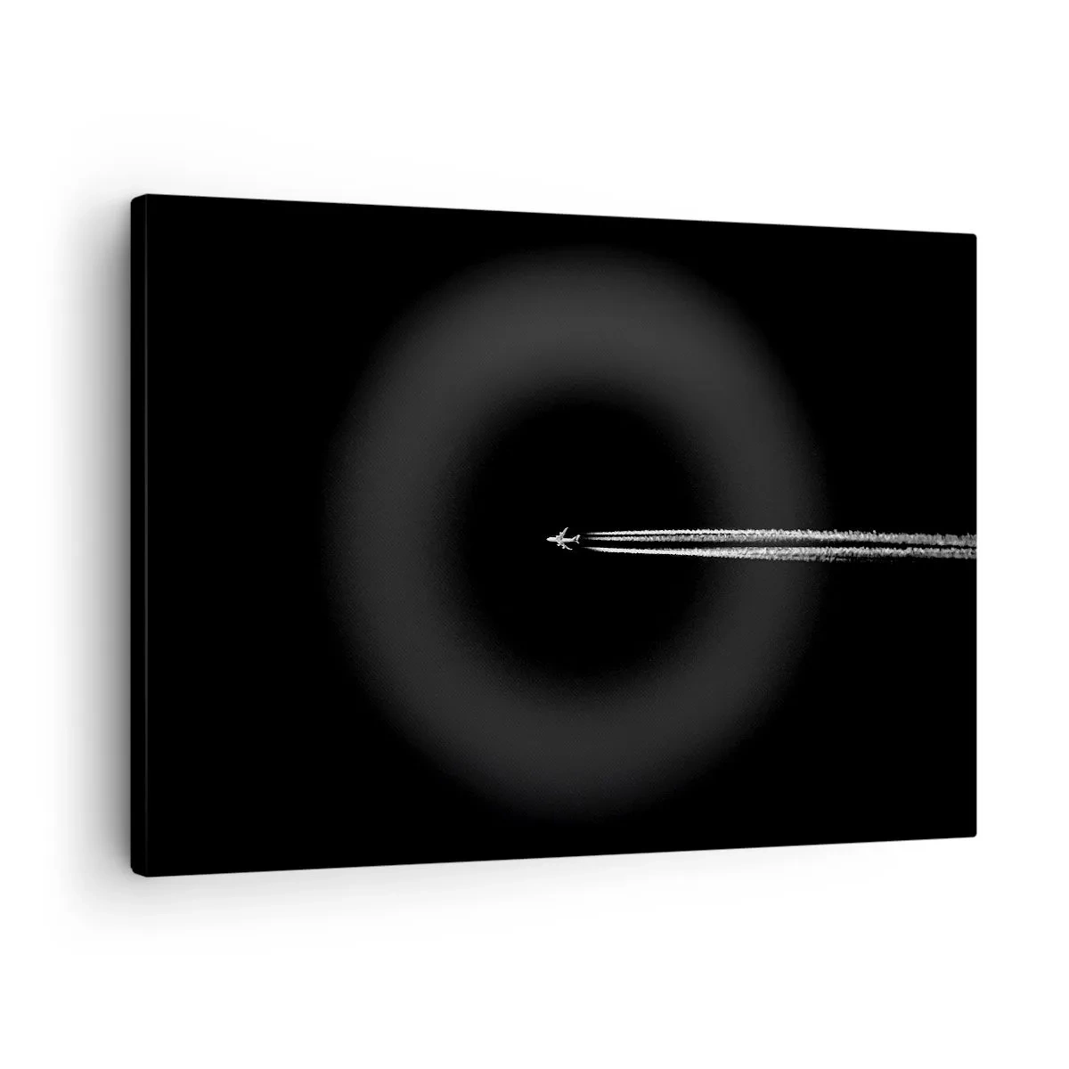 Schilderen op canvas - Een straalvliegtuig met een zichtbare condensatiestreep op een zwarte achtergrond - 70x50cm - Naar een andere dimensie - Moderne wanddecoratie voor woonkamer en slaapkamer ARTTOR