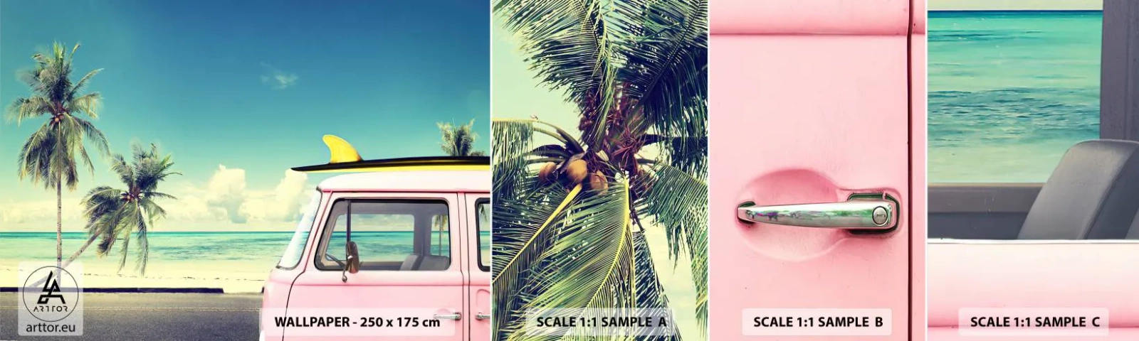 Fotobehang Monster Zelfklevend Deluxe Sticker - Tijd om aan je vakantie te beginnen. - Landschap, Strand, Surfen - 100x30 cm