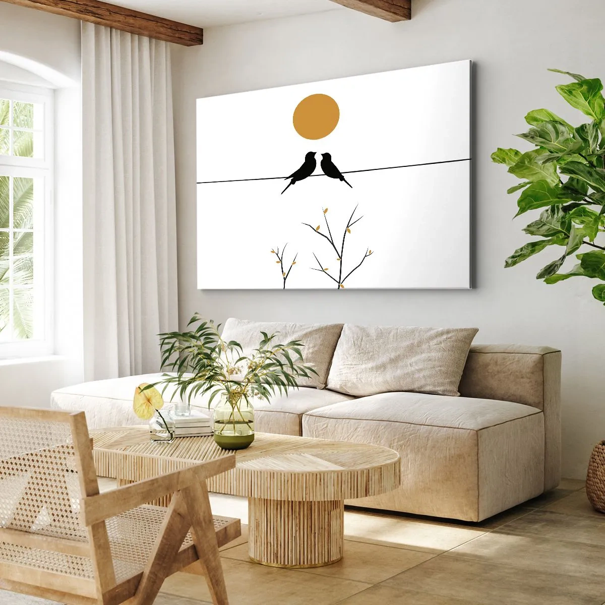Schilderen op canvas - Vogels op een lijn met een gele zon - 70x50cm - Nachtegalen avond - Moderne wanddecoratie voor woonkamer en slaapkamer ARTTOR