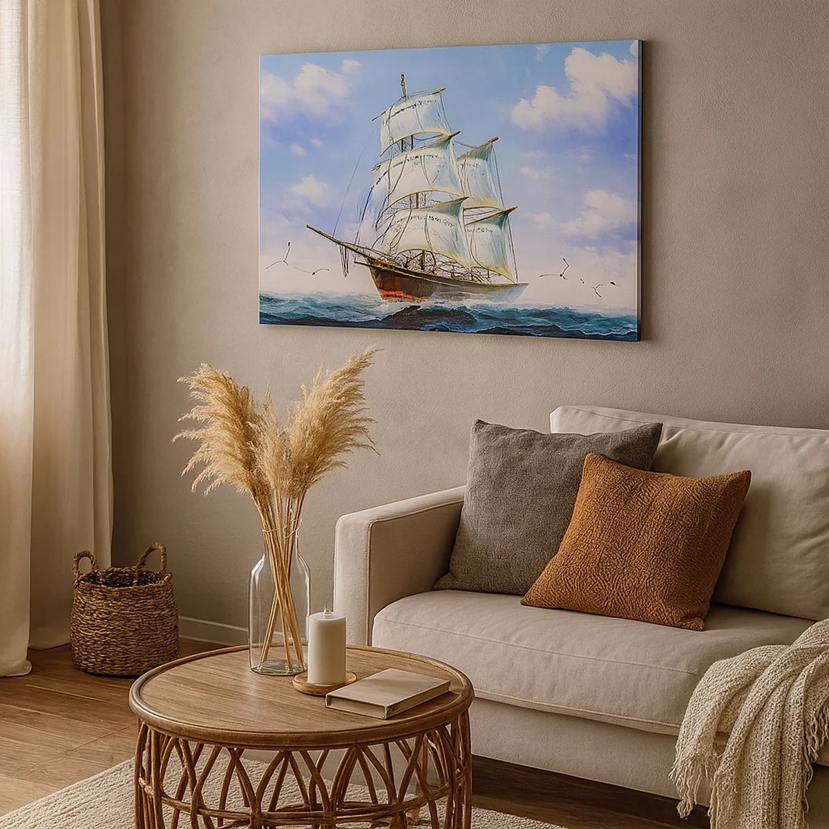 Schilderen op canvas - Een zeilschip op open zee onder een blauwe lucht - 70x50cm - Trots met de wind - Moderne wanddecoratie voor woonkamer en slaapkamer ARTTOR
