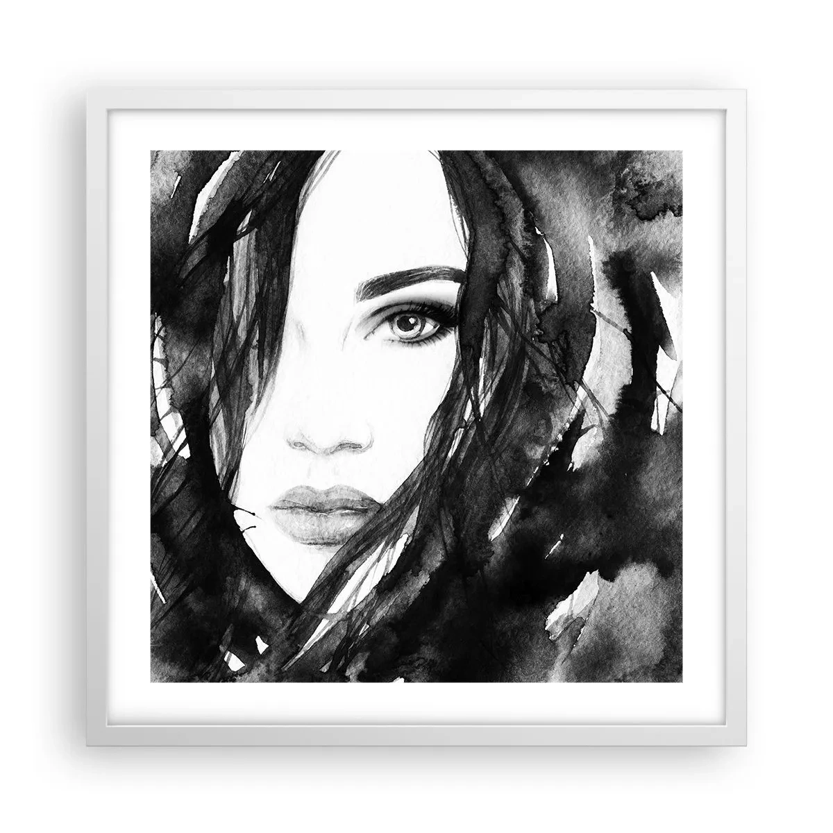 Poster in een witte lijst - Portret van een dame in zwart en wit - 50x50 cm