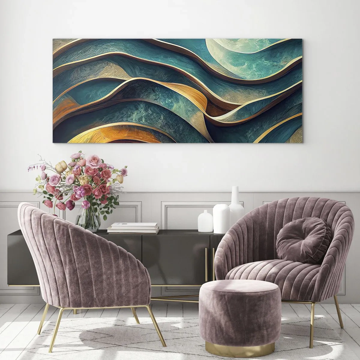 Schilderen op glas - Meanders van blauw - 100x40 cm