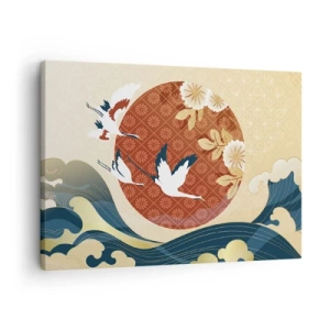 Schilderen op canvas - Japanse compositie met kranen en golven - 70x50cm - Japans sprookje - Moderne wanddecoratie voor woonkamer en slaapkamer ARTTOR
