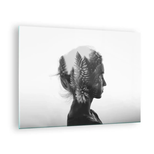 Schilderen op glas - Een vrouw in zwart-wit met een naaldbosmotief eroverheen - 70x50cm - Vrouwe van het dennenbos - Moderne wanddecoratie voor woonkamer en slaapkamer ARTTOR