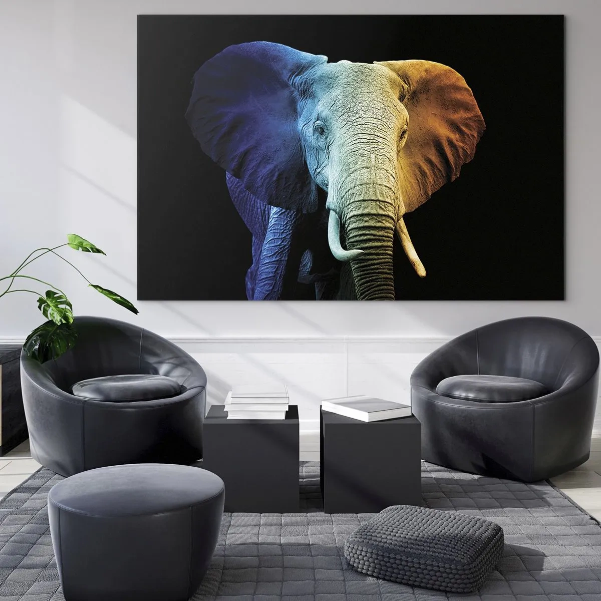 Schilderen op glas - Kleurrijk portret van een olifant op een zwarte achtergrond - 70x50cm - Excentriek, niet raar - Moderne wanddecoratie voor woonkamer en slaapkamer ARTTOR