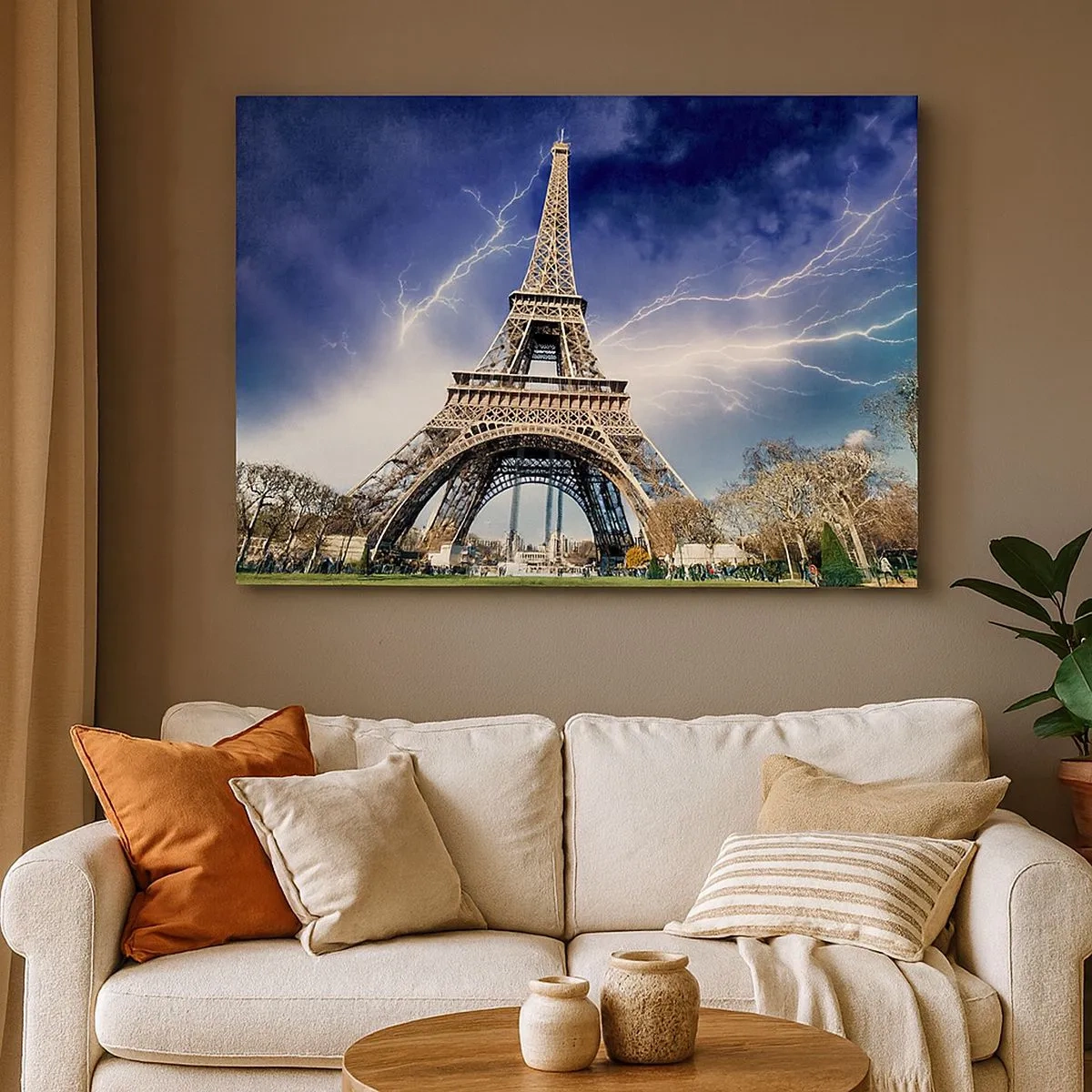 Schilderen op canvas - De Eiffeltoren met een stormachtige lucht en bliksem op de achtergrond - 70x50cm - Heerser van de stormen - Moderne wanddecoratie voor woonkamer en slaapkamer ARTTOR