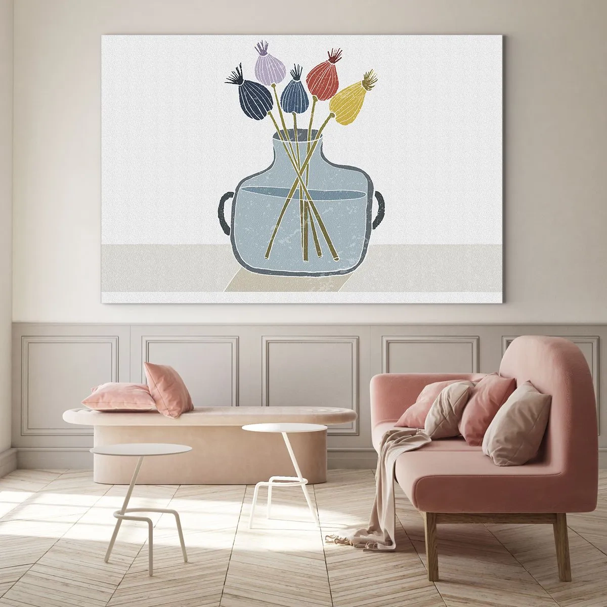 Schilderen op glas - Decoratieve klaprozenkoppen in een kruik in grafische stijl - 70x50cm - Alsof hij met maanzaad heeft gezaaid - Moderne wanddecoratie voor woonkamer en slaapkamer ARTTOR